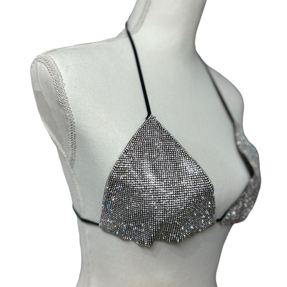 Silver Rhinestone Triangle Bikini Top - Sleek Sparkle Swim